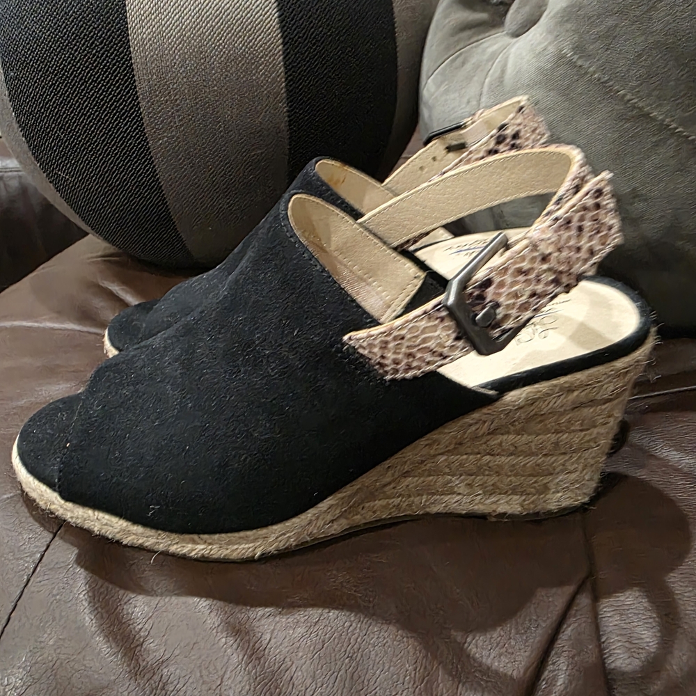 Life Stride Black Suede Wedge Sandals with Snake-Print Strap - Picture 3 of 6